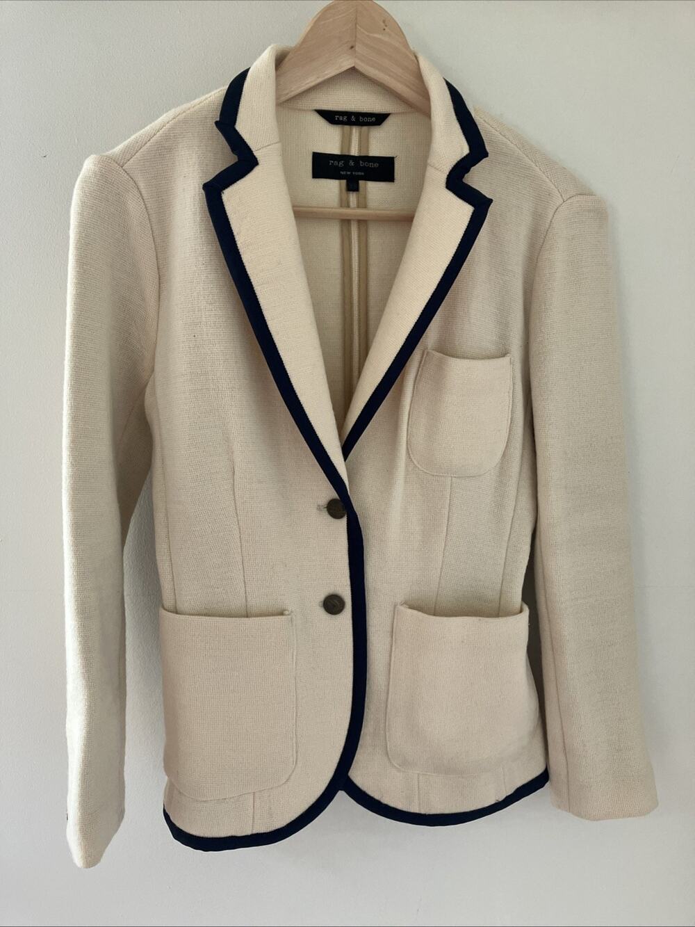 Rag & Bone Bromley Blazer XS 100% Merino Wool Cream Navy Trim Knit Jacket